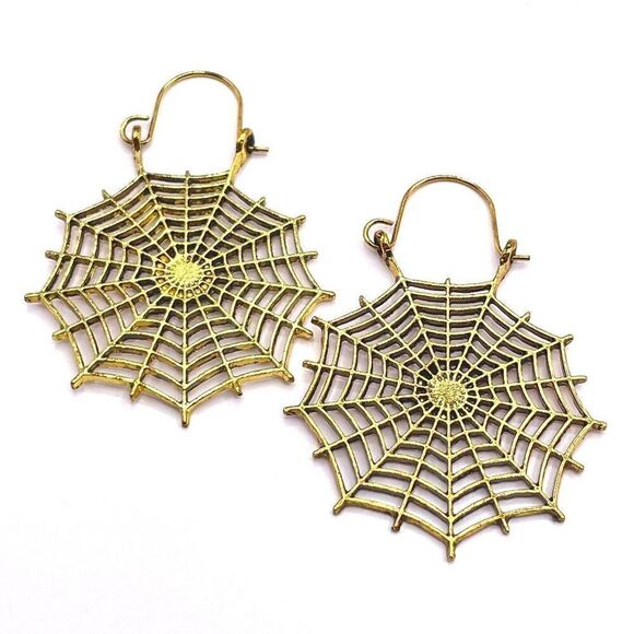Yellow Gold Detailed Boho Spider Web Dangling Drop Hinged Hook Earrings - Picture 1 of 5